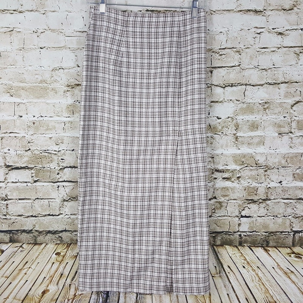 La Belle Fashions Skirt Women's Size 9 Brown White Plaid Long Modest Slit Junior